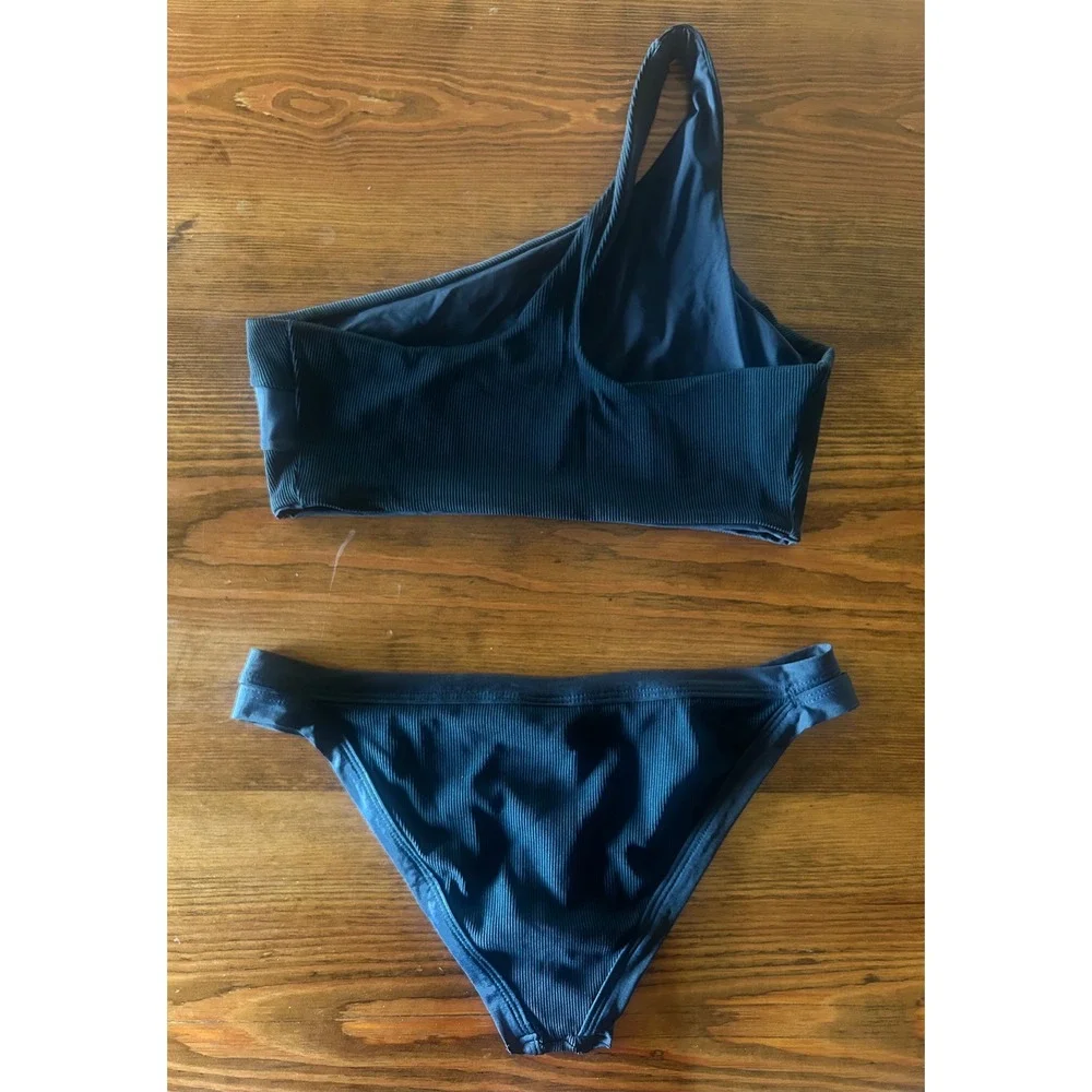 L*Space Black One Shoulder‎ Bikini Set Large